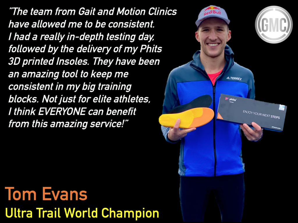 Tom Evans, Ultra Trail World Champion, endorsing Phits 3D printed insoles, which were created by Gait and Motion Clinics to enhance performance and reduce injury risk.